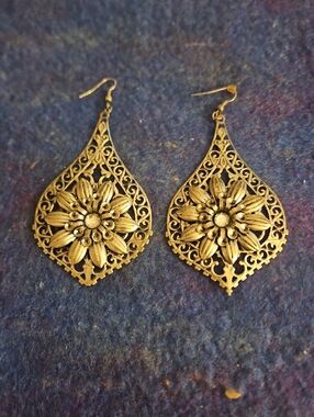 3 For $15 Gold Floral Filigree Teardrop Earrings .